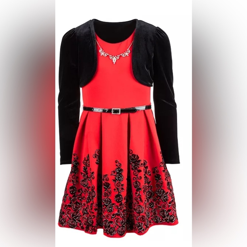Beautee's Holiday Big Girls 3-Pc Velvet Shrug Dress w/Necklace (NEW) - Picture 6 of 16